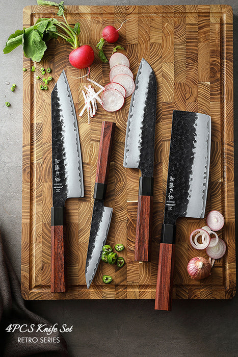 Hezhen PM8S Retro Series 4 Pcs Knide Set Bunka 8.5" + Santoku 7" + Nakiri 7" + Utility 5" — HRC 60±1, Red Wood & Black Buffalo Horn Handles 3-Layer