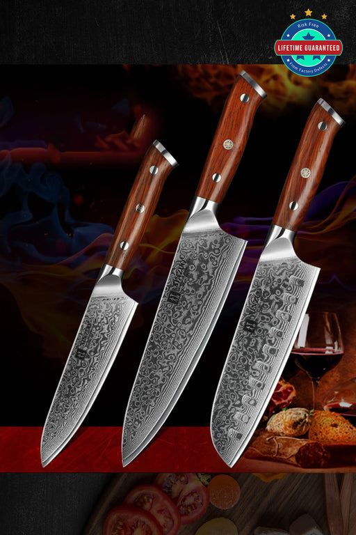 Xinzuo B13R 3 Pcs 67 Layer Damascus Steel Chef, Santoku, and Utility Knife Set