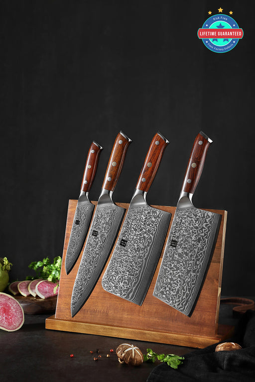 Xinzuo B13R 4 Pcs 67 Layer Damascus Steel Chef Knife Set With Utility, Cleaver & Bone Chopper Rosewood Handles