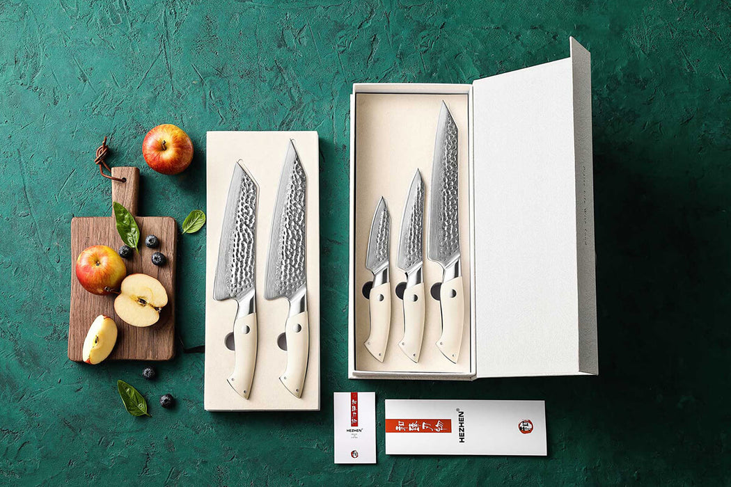 HEZHEN B38H 5 Pcs 67 Layer Japanese Damascus Chef Knife Set White G10 Handles 3