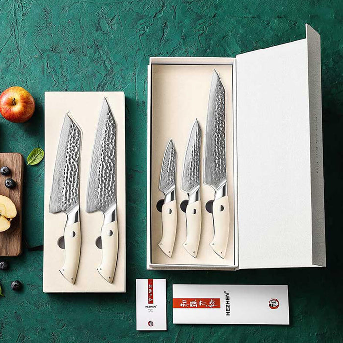 HEZHEN B38H 5 Pcs 67 Layer Japanese Damascus Chef Knife Set White G10 Handles 6