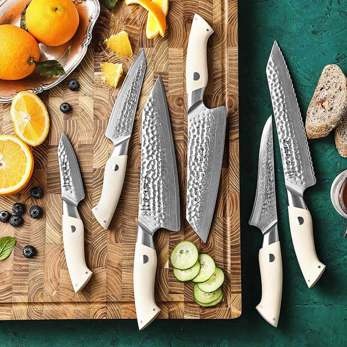 HEZHEN B38H 6 Pcs 67 Layer Japanese Damascus Chef Knife Set White G10 Handles 7