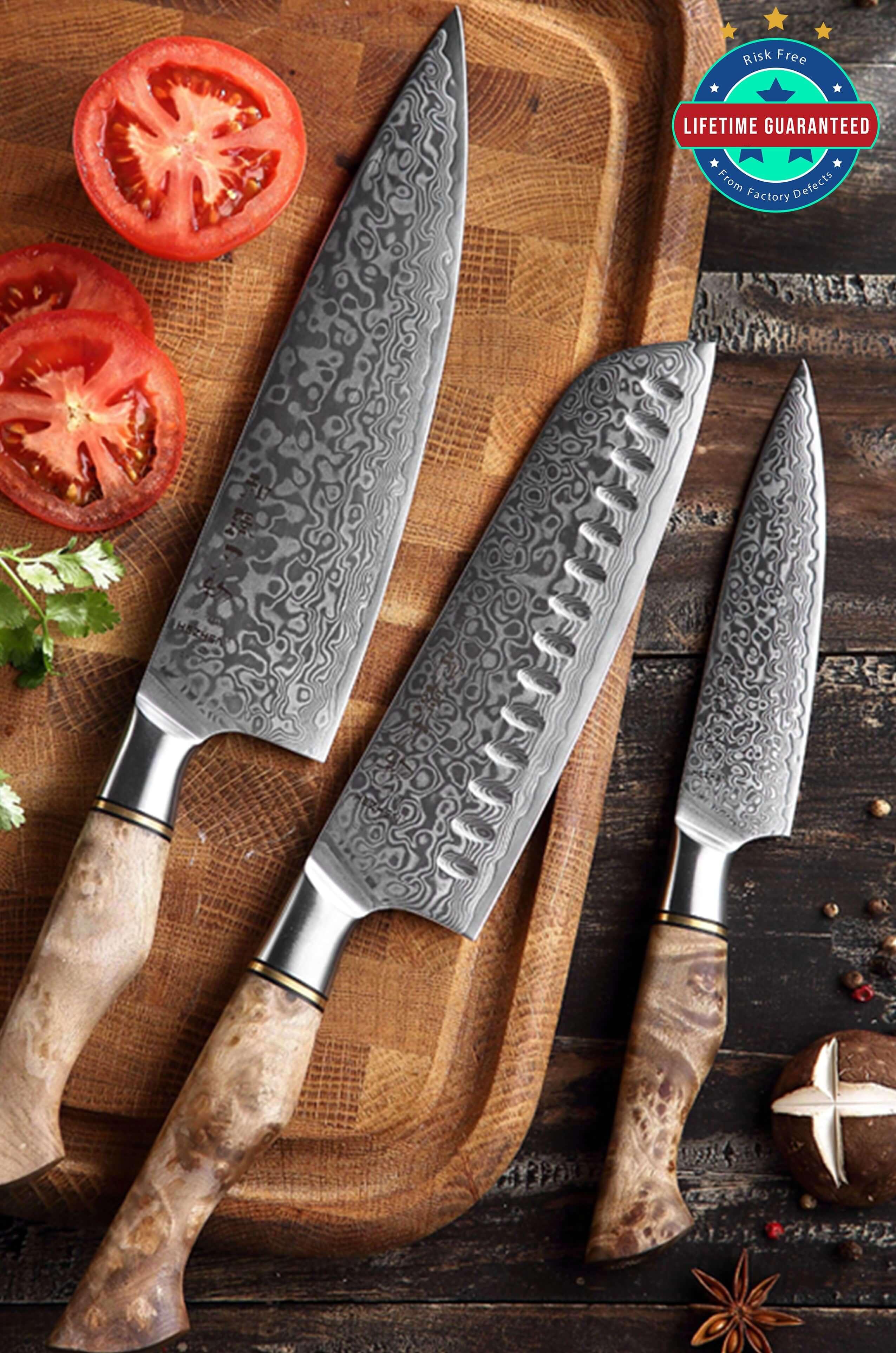 Hezhen B30 3pcs Knife Set Damascus Steel Kitchen Japanese style Chef Utility  Santoku Knife – The Bamboo Guy