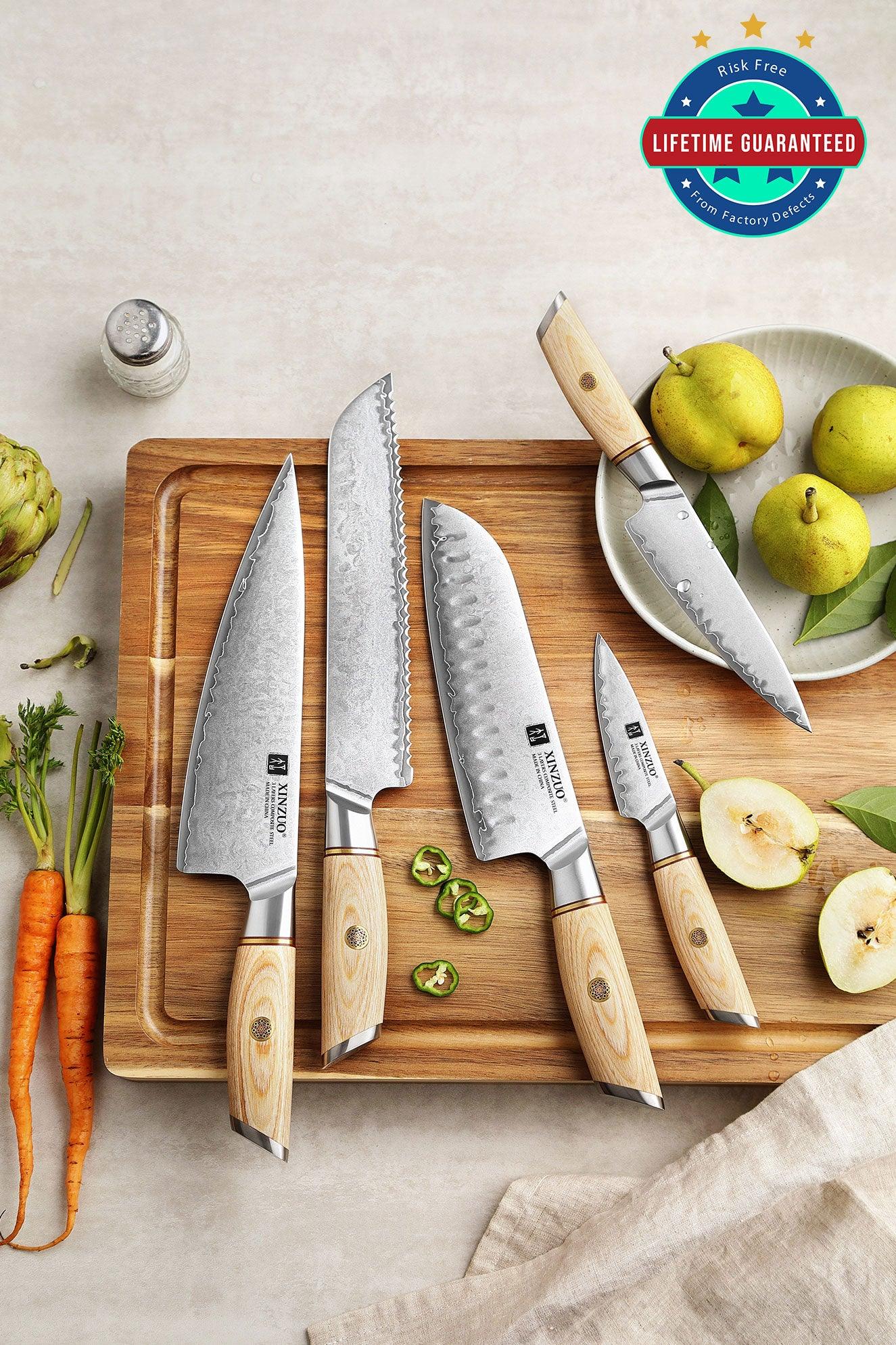 XINZUO 5pc Kitchen Knife Set Damascus Steel High Carbon Steel Chef Knife Slicing Knife Santoku Knife Utility Knife Paring Knife Sets with Pakkawood