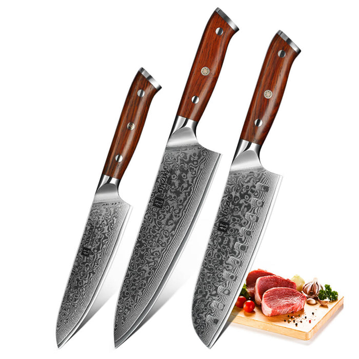 Xinzuo B13R 3 Pcs 67 Layer Damascus Steel Chef, Santoku, and Utility Knife Set