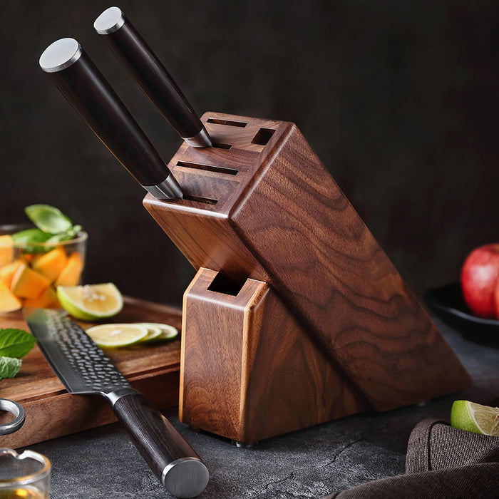 Xinzuo FH6  6 Slot Walnut Knife Block Without Knives Holds 4 Knives, Rod & Shears