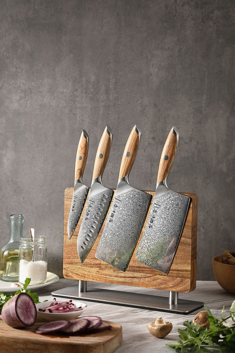 Xinzuo Acacia Magnetic Knife Block - Knife Display Stand - Juice Groove - Side Handles