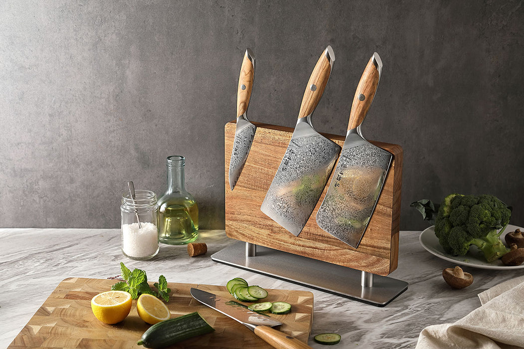 Xinzuo Acacia Magnetic Knife Block - Knife Display Stand - Juice Groove - Side Handles