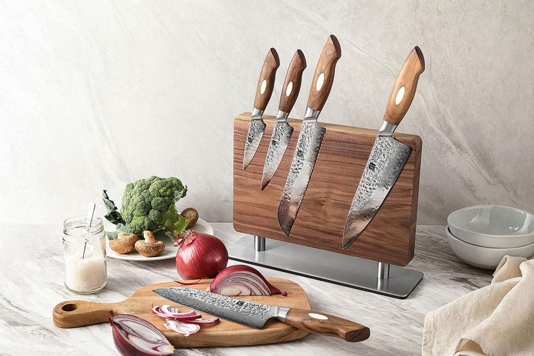 Xinzuo Walnut & Brushed Stainless Steel Magnetic Knife Block - Knife Display Stand