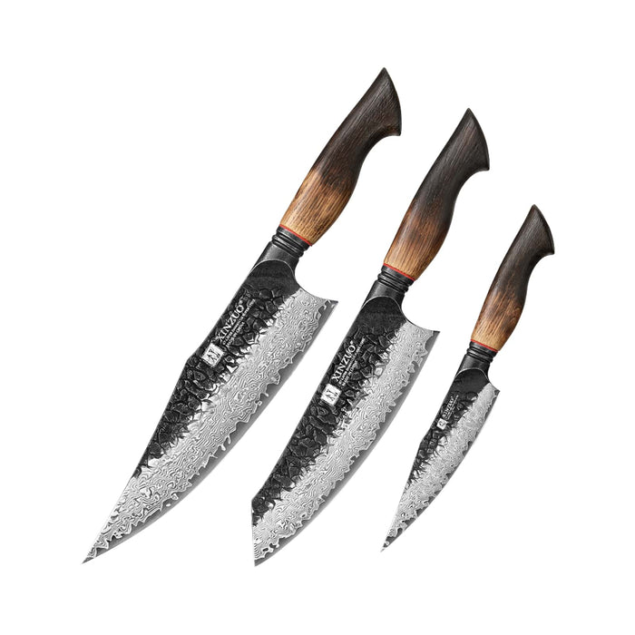 Xinzuo X06 3 Pcs Chef, Santoku & Utility Damascus Knife Set Burnt White Oak Handles