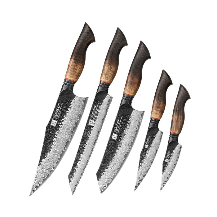 Xinzuo X06 5 Pcs Chef, Santoku, Bread, Utility & Paring Damascus Knife Set Burnt White Oak Handles