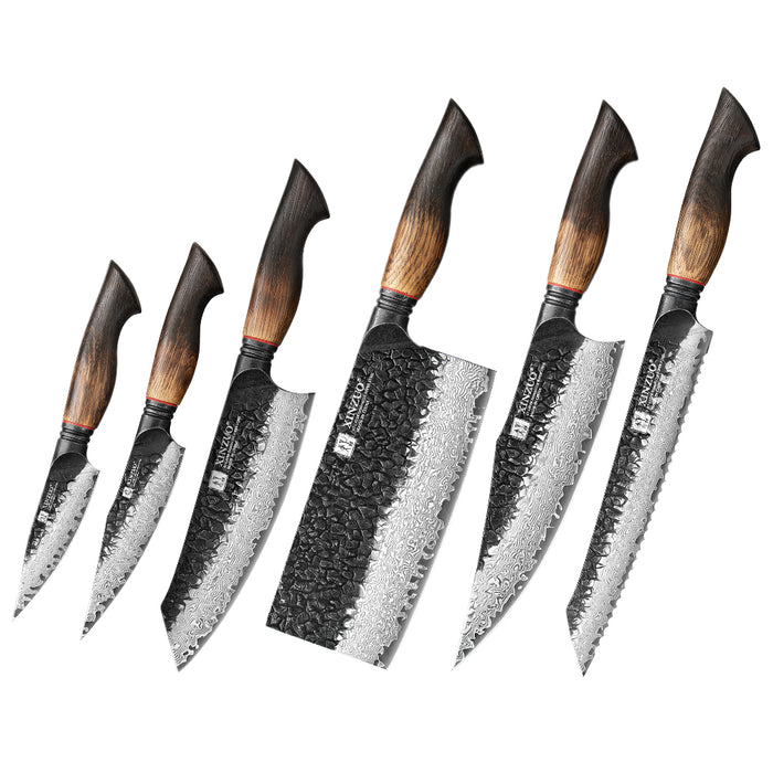 Xinzuo X06 6 Pcs Chef, Santoku, Bread, Utility, Paring & Cleaver Set Burnt White Oak Handles