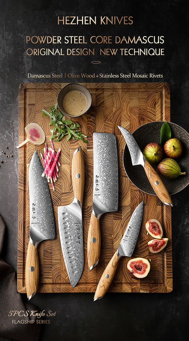 5 Pcs New Chef Knife Set 73 Layers Damascus Powder Steel with Olive Wood Handle - X01 Flagship Series Open Box