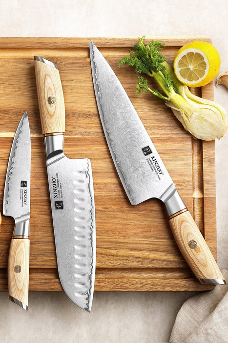 Xinzou B37S 3 pc Composite Stainless Steel Kitchen Knife Set Chef, Santoku, Utility with Pakka Wood Handle - The Bamboo Guy