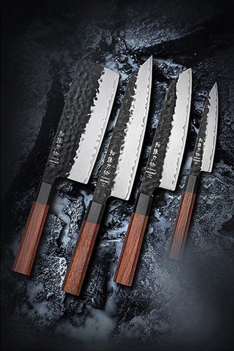 Hezhen PM8S Retro Series 4 Pcs Knide Set Bunka 8.5" + Santoku 7" + Nakiri 7" + Utility 5" — HRC 60±1, Red Wood & Black Buffalo Horn Handles 3-Layer
