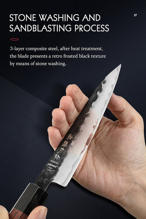 Hezhen PM8S Retro Series 4 Pcs Knide Set Bunka 8.5" + Santoku 7" + Nakiri 7" + Utility 5" — HRC 60±1, Red Wood & Black Buffalo Horn Handles 3-Layer