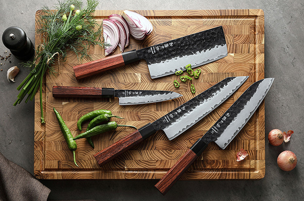Hezhen PM8S Retro Series 4 Pcs Knide Set Bunka 8.5" + Santoku 7" + Nakiri 7" + Utility 5" — HRC 60±1, Red Wood & Black Buffalo Horn Handles 3-Layer