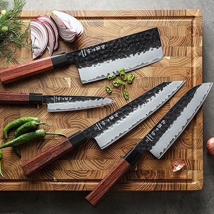 Hezhen PM8S Retro Series 4 Pcs Knide Set Bunka 8.5" + Santoku 7" + Nakiri 7" + Utility 5" — HRC 60±1, Red Wood & Black Buffalo Horn Handles 3-Layer