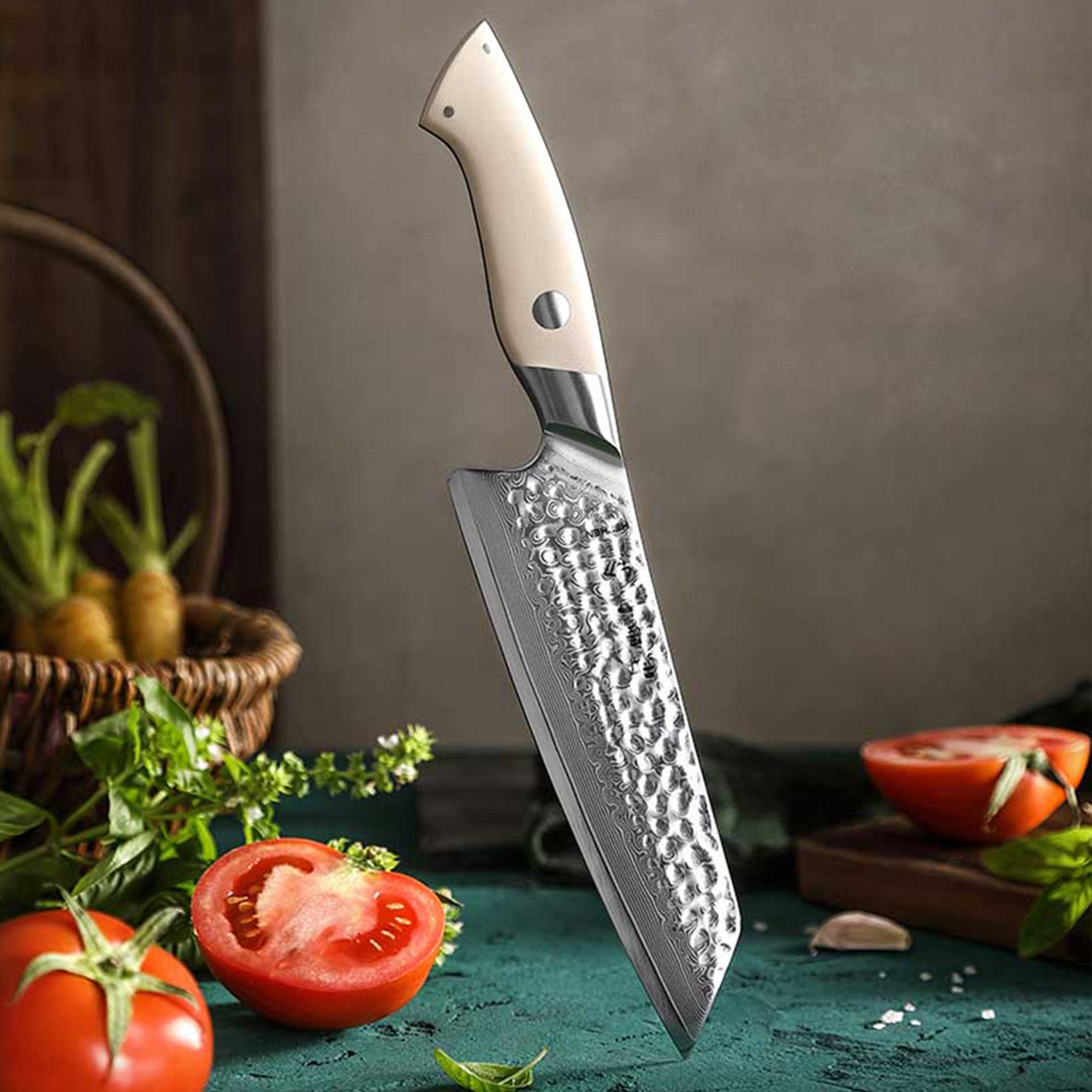 HEZHEN B38H 67 Layer Japanese Damascus Santoku Knife White G10