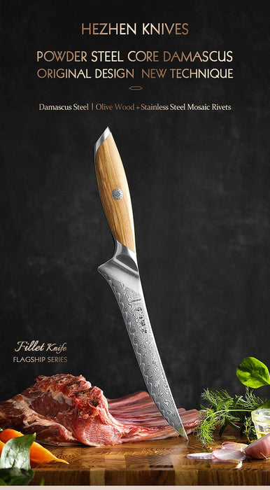 Hezhen X01 Flagship Series 73 Layer Damascus Fillet Knife with Olive Wood Handle