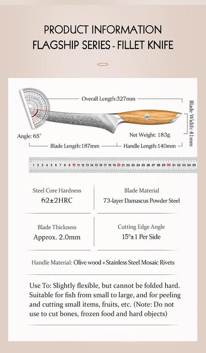 Hezhen X01 Flagship Series 73 Layer Damascus Fillet Knife with Olive Wood Handle