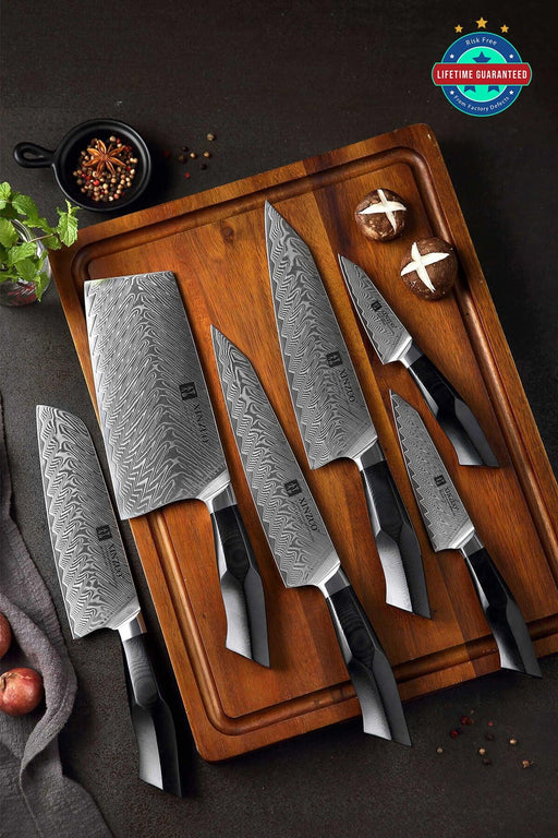 XINZUO B32 6 Pcs Knife Set 67 Damascus Steel with Black G10 Handle and Brass Rivet