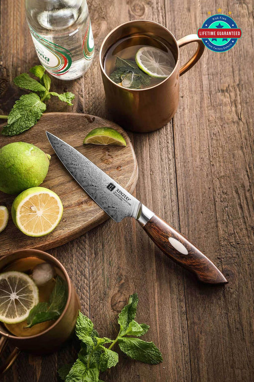 Xinzuo B46D 5" 110 Layer Damascus Utility Knife Dessert Ironwood Handles