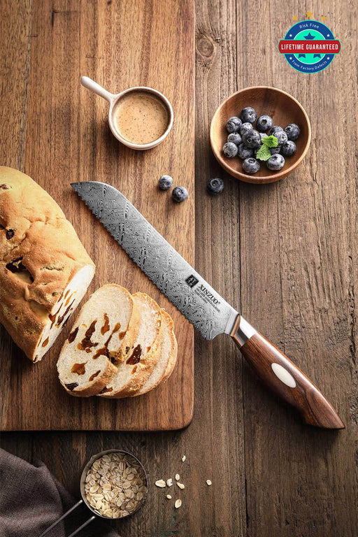 Xinzuo B46D 8.5" 110 Layer Damascus Bread Knife Dessert Ironwood Handles