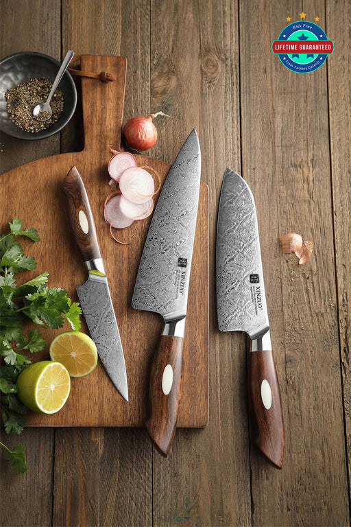 Xinzuo B46D 3 Pcs 110 Layer Damascus Chef Knife Set Ironwood Handles Open Box