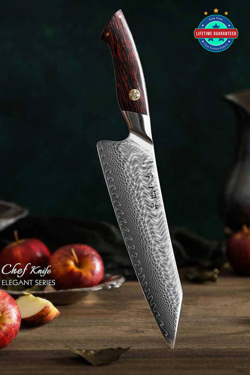 HEZHEN B38 8.5" 73 Layer Damascus Chef Knife Wood Colored G10 Handle