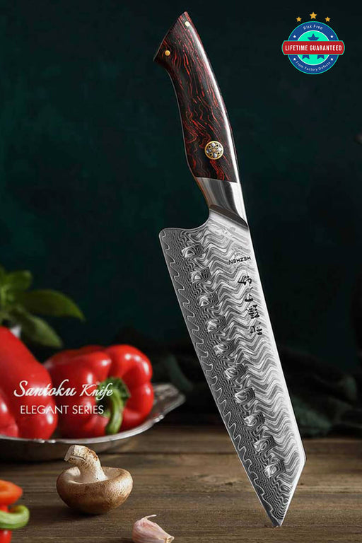 HEZHEN B38 7" 73 Layer Damascus Santoku Knife Wood Colored G10 Handle