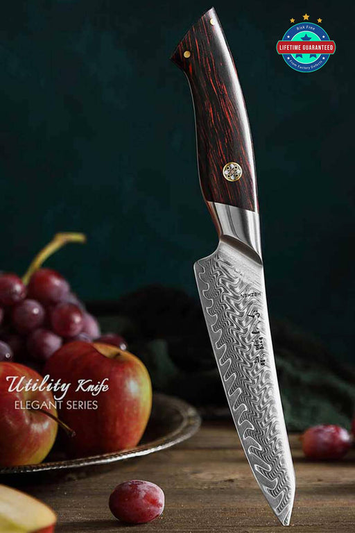 Hezhen B38 Elegant Series 73 Layer 5" Damascus Utility Knife Red & Black G10 Handle