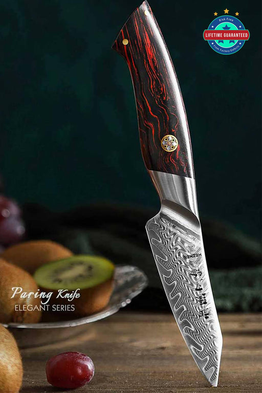 Hezhen B38 Elegant Series 73 Layer 3.5" Damascus Paring Knife Red & Black G10 Handle