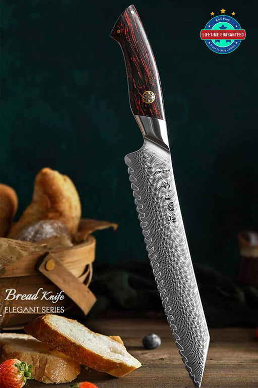 Hezhen B38 Elegant Series 73 Layer 8.5" Damascus Bread Knife Red & Black G10 Handle