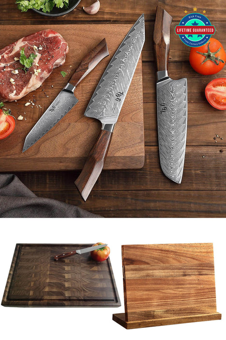 3 Piece Knife Set - Walnut Cutting Board - Magnetic Knife Board