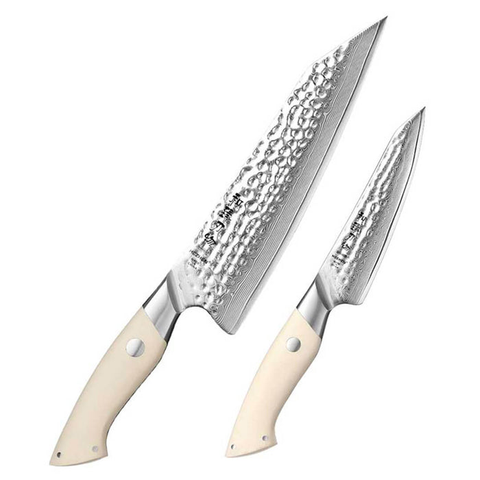 HEZHEN B38H 2 Pcs 67 Layer Damascus Chef Knife Set with White G10 Handle 6