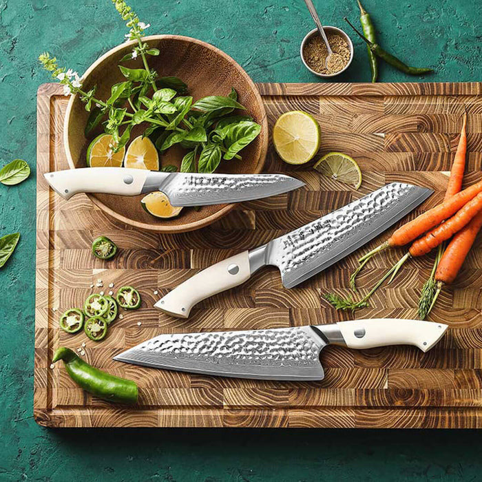 HEZHEN B38H 3 Pcs 67 Layer Damascus Chef Knife Set with White G10 Handle 3