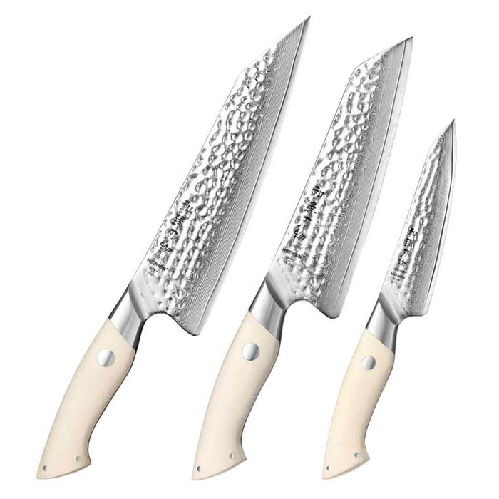 HEZHEN B38H 3 Pcs 67 Layer Damascus Chef Knife Set with White G10 Handle 8