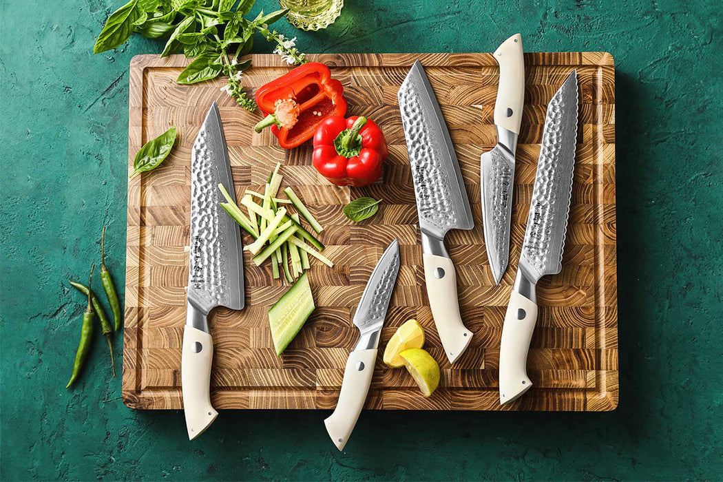 HEZHEN B38H 5 Pcs 67 Layer Japanese Damascus Chef Knife Set White G10 Handles 4