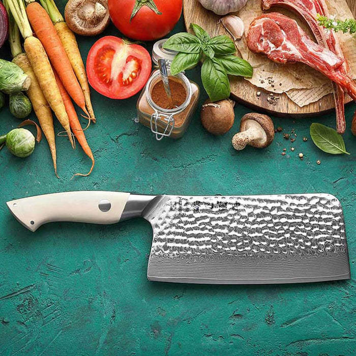 HEZHEN B38H 67 Layer Damascus Bone Cleaver Knife White G10 Handle 10