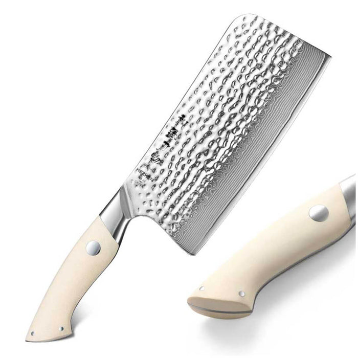 HEZHEN B38H 67 Layer Damascus Bone Cleaver Knife White G10 Handle 14