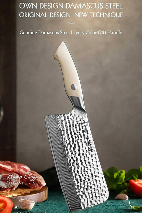 HEZHEN B38H 67 Layer Damascus Bone Cleaver Knife White G10 Handle 5