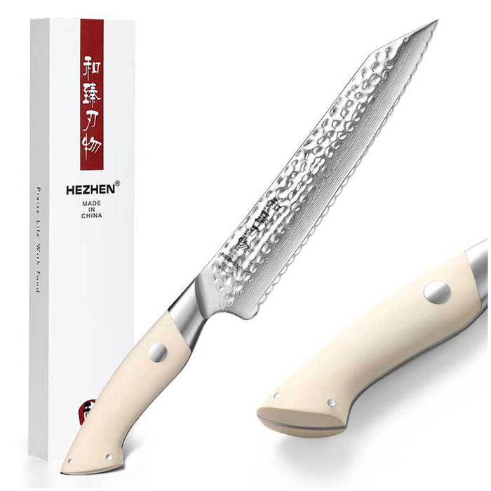 HEZHEN B38H 67 Layer Japanese Damascus Bread Knife White G10 Handle 10