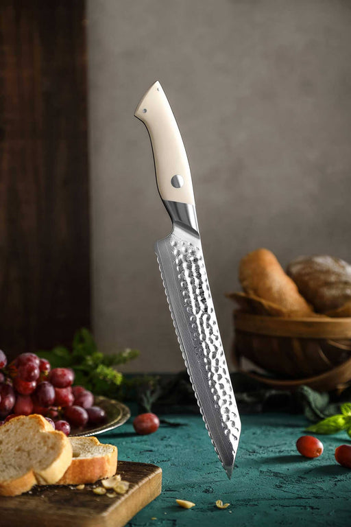 HEZHEN B38H 67 Layer Japanese Damascus Bread Knife White G10 Handle