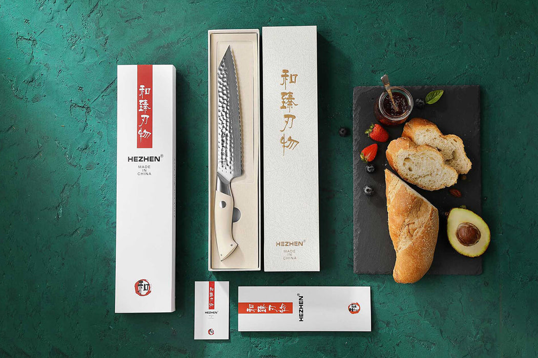 HEZHEN B38H 67 Layer Japanese Damascus Bread Knife White G10 Handle 4