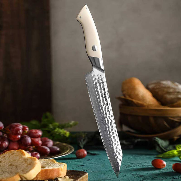 HEZHEN B38H 67 Layer Japanese Damascus Bread Knife White G10 Handle 6