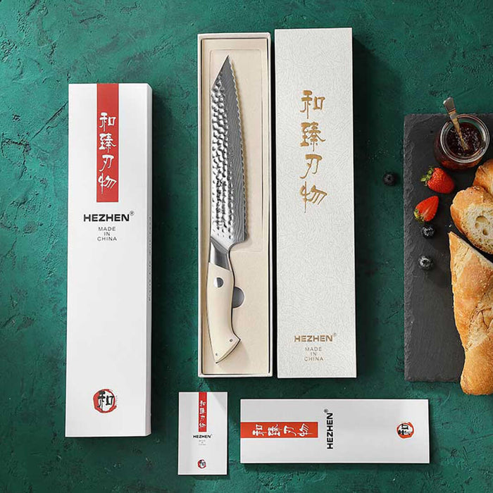 HEZHEN B38H 67 Layer Japanese Damascus Bread Knife White G10 Handle 8