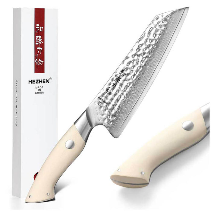 HEZHEN B38H 67 Layer Japanese Damascus Santoku Knife White G10 Handle
