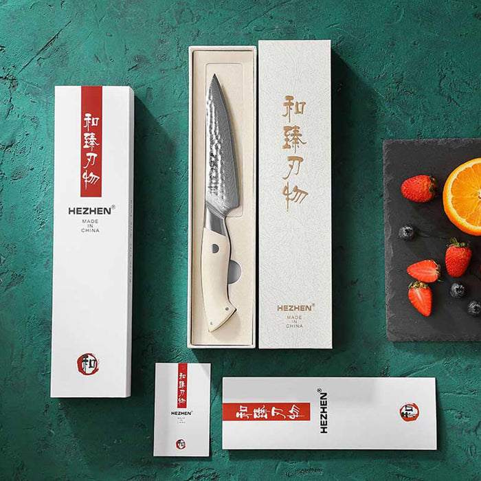 HEZHEN B38H 67 Layer Japanese Damascus Utility Knife White G10 Handle 9
