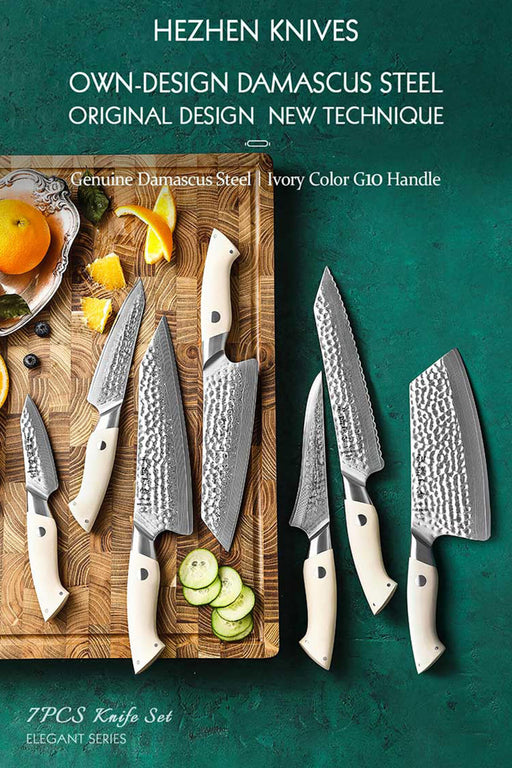 HEZHEN B38H 7 Pcs 67 Layer Damascus Steel Knife Set with White G10 Handles
